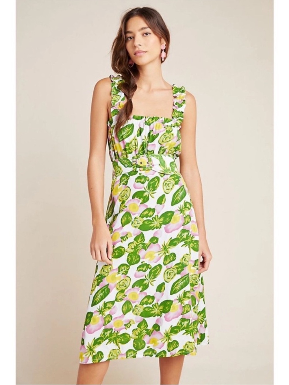 Faithfull the Brand Mae Belted Green Pink Floral Midi Dress Size US 4 Small